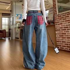 大码美式弯刀阔腿格子拼接牛仔裤女胖mm设计感复古宽松休闲拖地裤