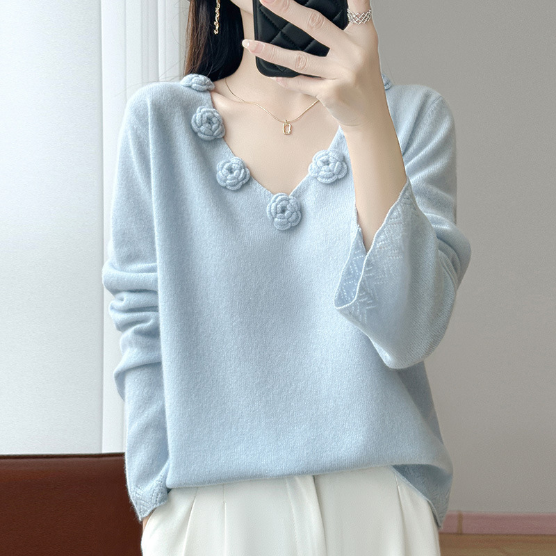25秋冬新款100%纯羊毛衫女宽松绣花V领百搭喇叭袖羊绒针织打底衫|undefined