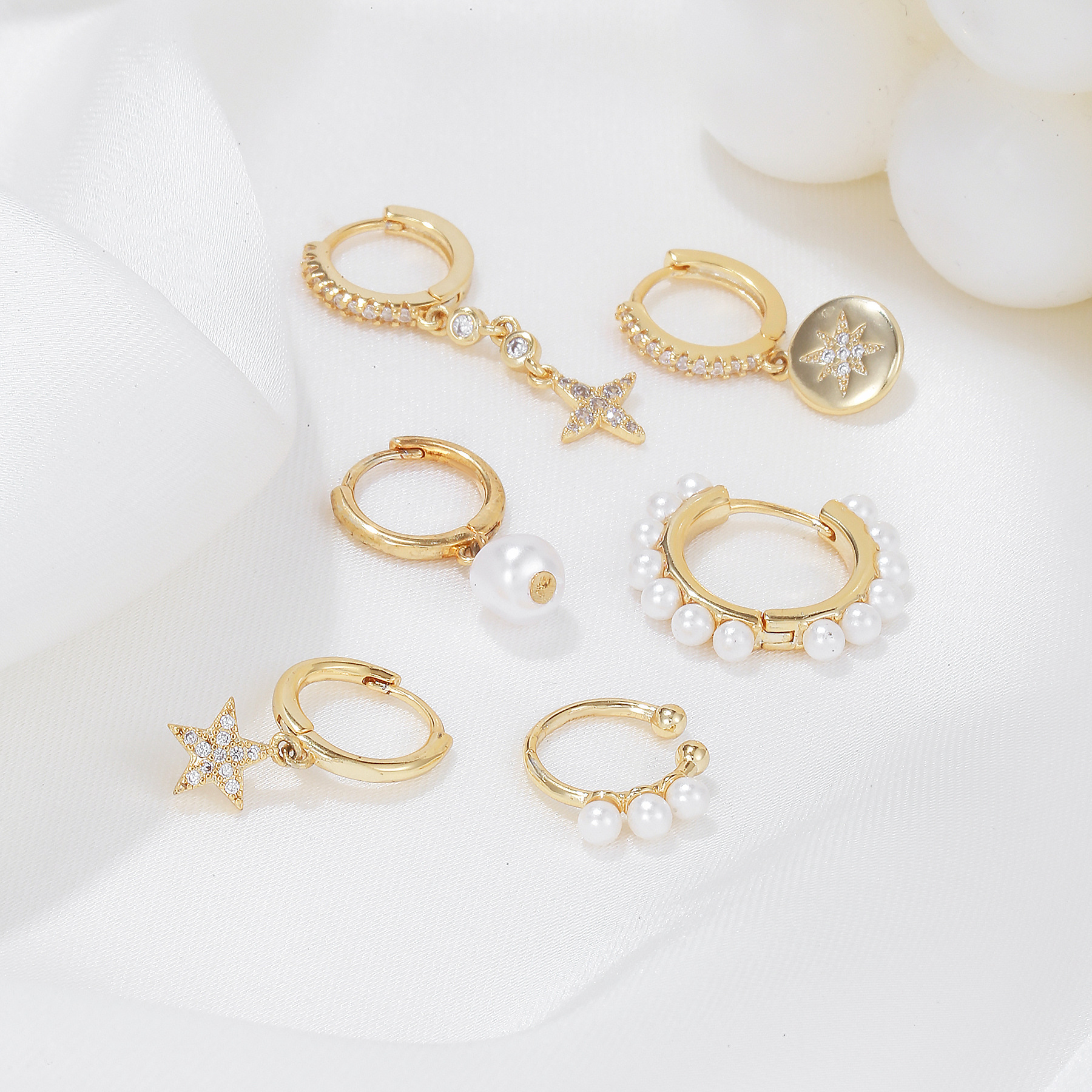 Europa y América transfronteriza nueva perla colgante pendientes diario buen partido pequeño exquisito Awn estrella pendientes de seis piezas pendientes conjunto