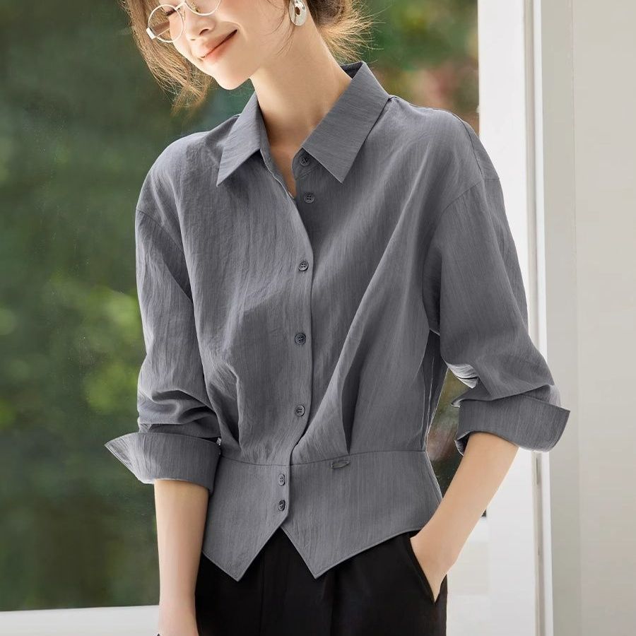 French Style Women's Shirt Tops 2025 New Autum Commuter Shirt Waist-Covering Belly Slimming Look Shirt