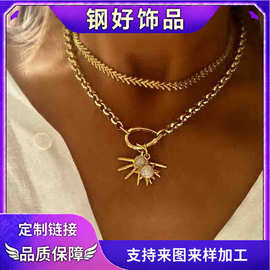 亚马逊简约不规则开口太阳双吊坠粗金项链不掉色新潮个性创意项圈