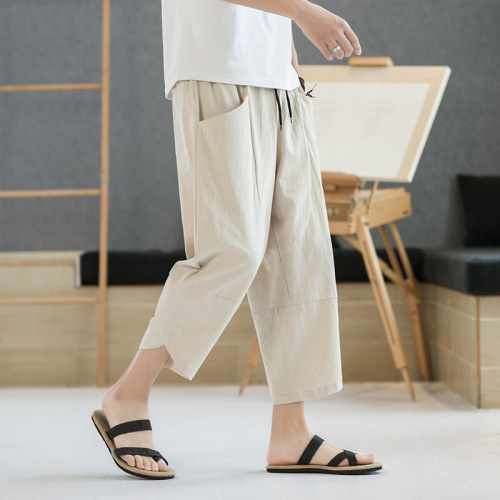 Cotton and linen 8/16 pants for men, summer thin breathable 7/16 shorts, outerwear loose wide-leg casual sports 9/16 pants