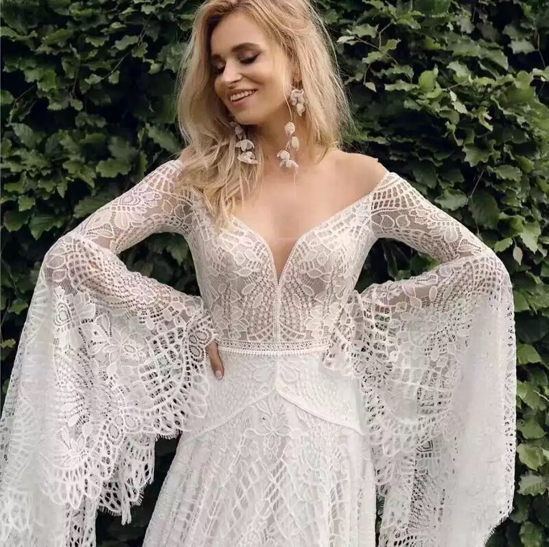 Boho Flare Sleeve Lace Backless Elegant Bride Outdoor Lawn Wedding Yarn Beach Travel Photography Light Wedding Dress