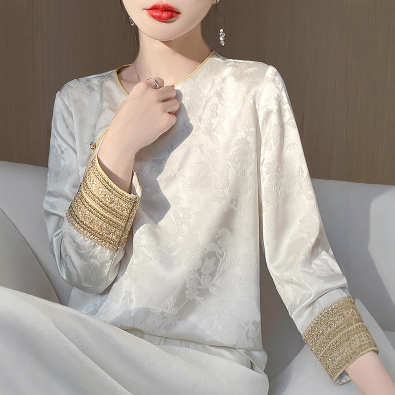 Spring 2025 New National Style New Chinese Tang Style Round Neck Satin Jacquard Shirt Women's Zen Elegant Casual Top