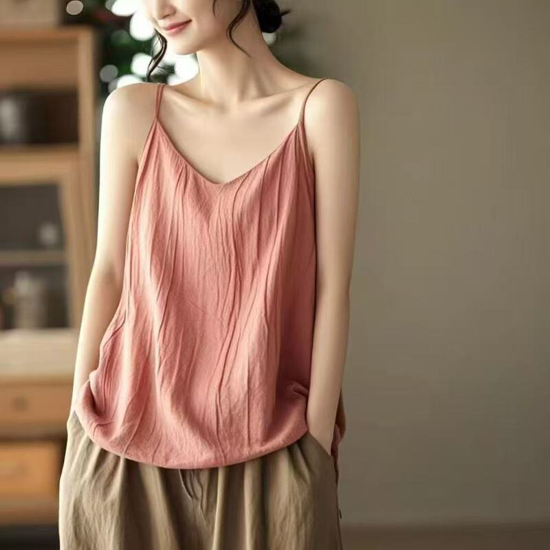 2025 New Summer Light and Soft Fine Linen Sling Pure Linen V Neck with Artistic Camisole Inside 2025 New Summer Light and Soft Fine Linen Sling Pure Linen V Neck with Artistic Camisole Inside