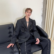 春季新款个性亮片立体绣花休闲西服外套暗夜王子痞帅西装高级感