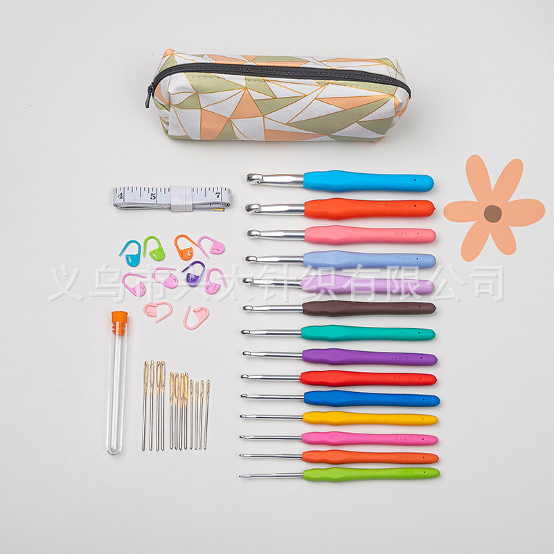 亚马逊钩针套装14支TPR软柄铝钩针 编织工具套装 加长实心针