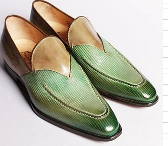 F102268 Green Checkered Gradient Slip-On Men's Dress Shoes, Business Casual, Sizes 38-48