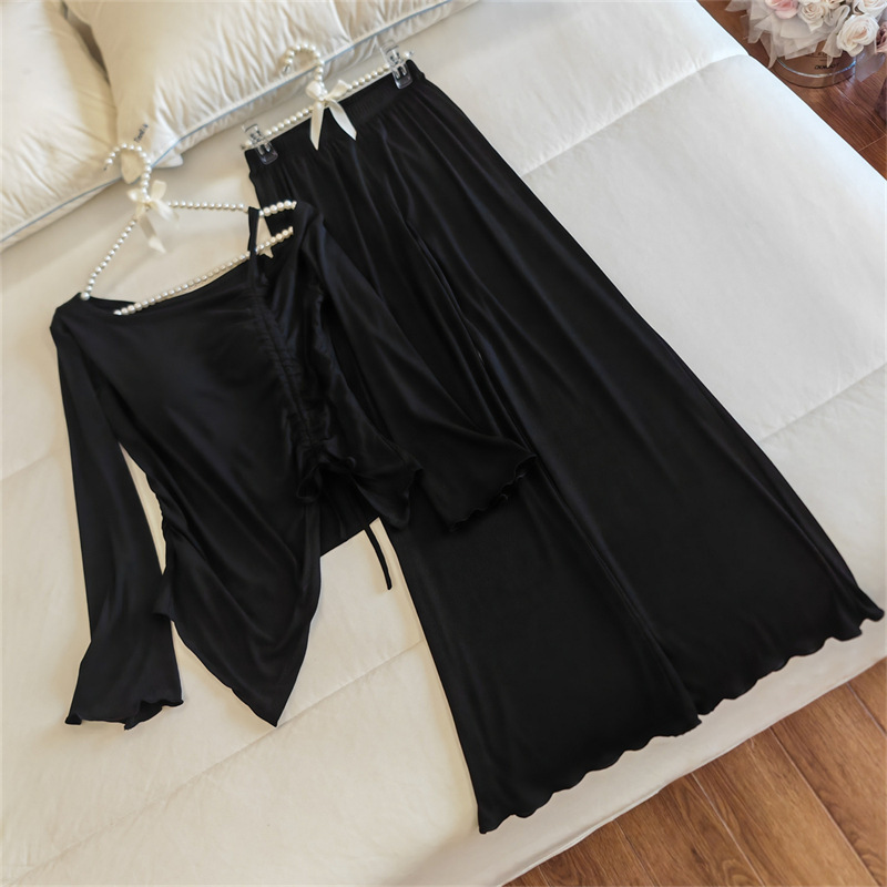 Spring and autumn modal rayon women's pajamas, long-sleeved and long-pants, French and Korean style, with chest pads, slightly flared home wear for winter