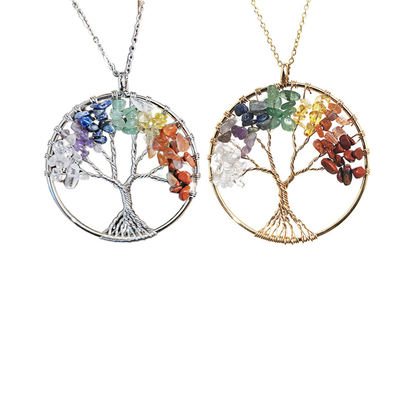 7-color Reiki Natural Stone Crystal Gravel Pachira Macrocarpa Hand-wound Tree Of Life Pendant Necklace Ornament display picture 4