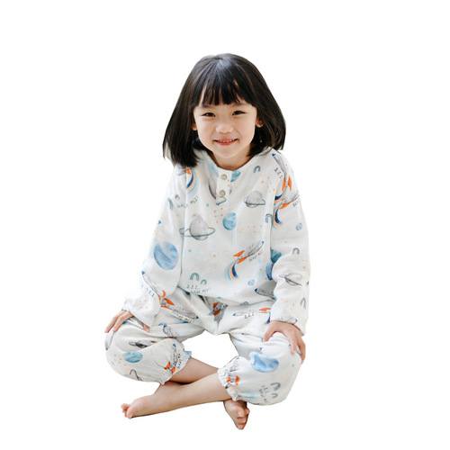 ins Summer Bamboo Cotton Gauze Baby Air Conditioning Clothing Anti-Mosquito Pants Parent-Child Children's Home Wear Sleepwear Set 