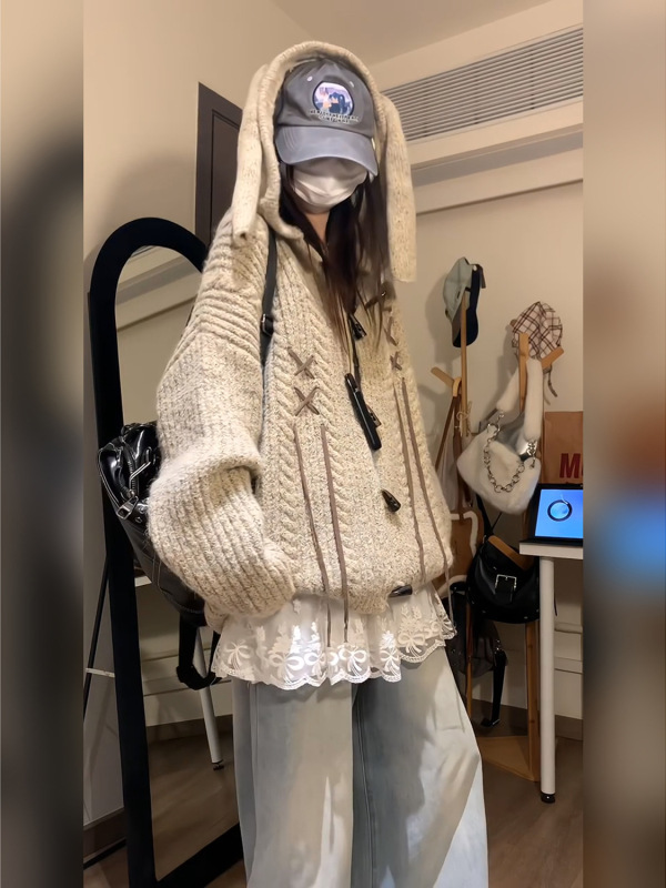 韩版穿搭连帽针织牛角扣开衫毛衣女秋冬百搭休闲软糯帽衫外套上衣|undefined