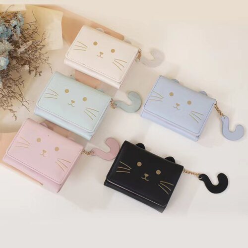 Cross-border new women's wallet girls short three-fold coin purse student cartoon kitten PU pickup bag small bag