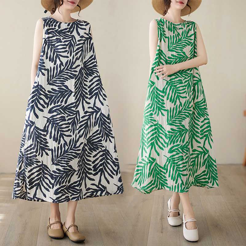 24 Summer New Fresh Leaves Printed Loose Artistic Temperament A- line Skirt Mid-length Vest Holiday Long Skirt