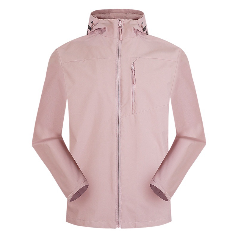 Nueva moda al aire libre de cáscara suave de una sola capa de color sólido chaqueta de primavera y otoño viajes montañismo chaqueta con capucha chaqueta en stock impresión