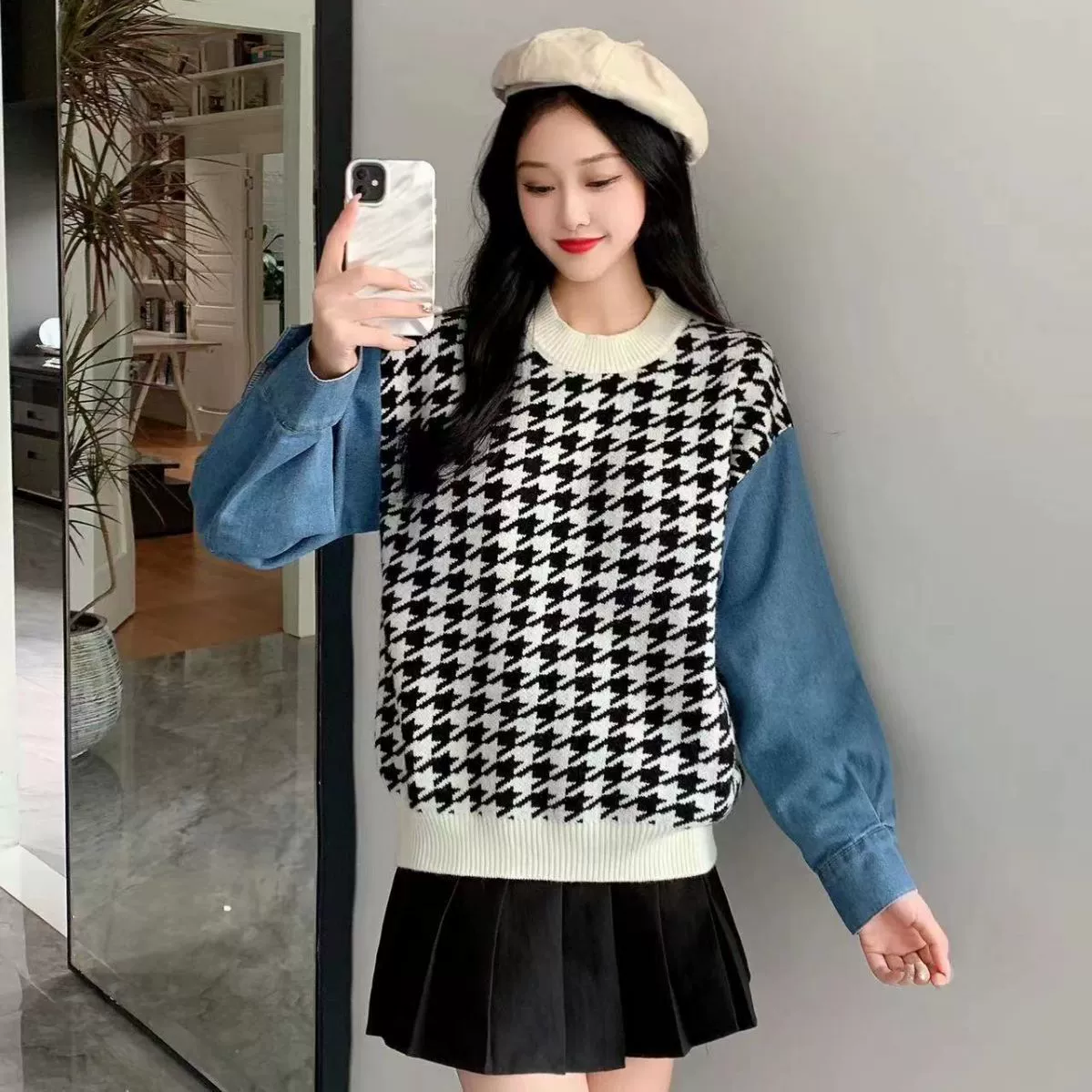 Джинсовый свитер с прострочкой на рукавах, Женский Осень 2023, новый свободный тонкий свитер в ломаную клетку