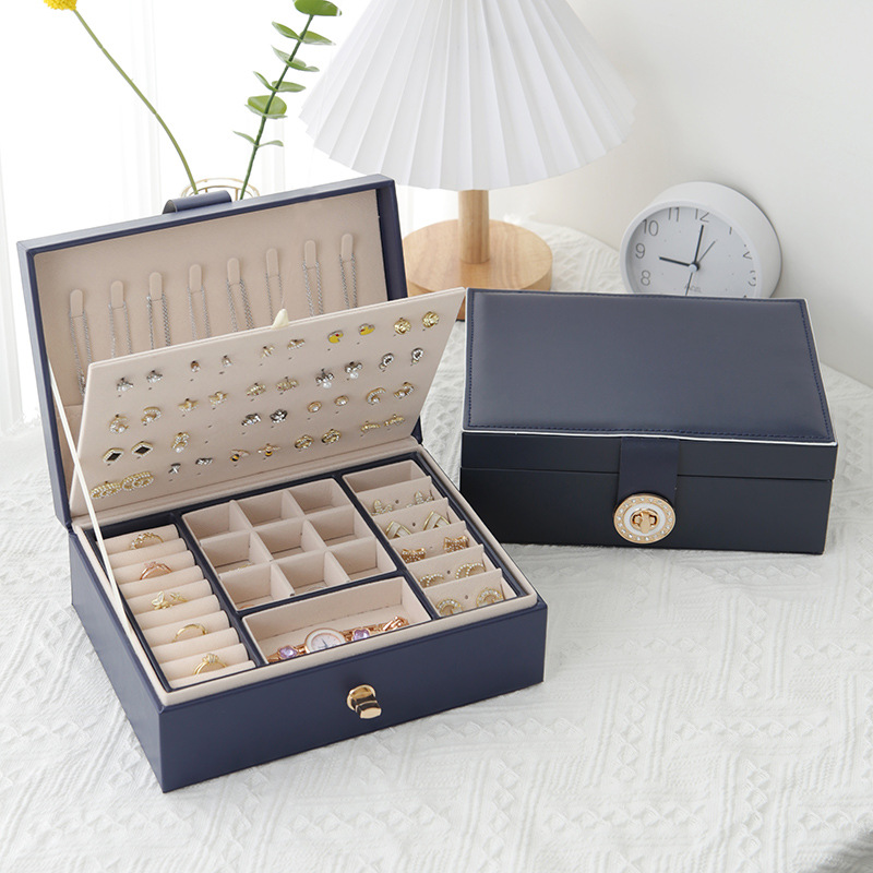 Nuevo en stock caja de joyería de espejo cruzado de cuero de doble capa de gran capacidad caja de almacenamiento de espárragos de oreja caja de joyería al por mayor