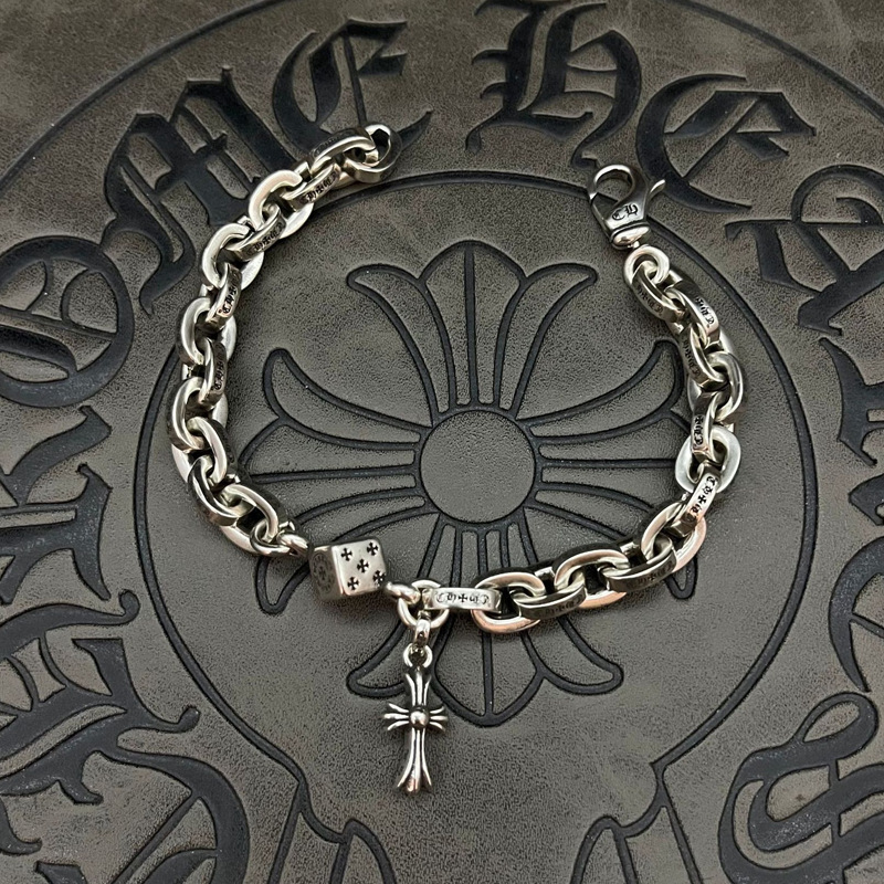 Sterling Silver Trendy Dice Thick Letter Bracelet Retro Male and Female Couple Lobster Clasp Bracelet Cross Pendant Stylish Sterling Silver Trendy Dice Thick Letter Bracelet Retro Male and Female Couple Lobster Clasp Bracelet Cross Pendant Stylish