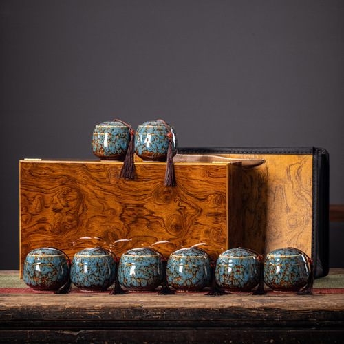 Tea Leaf Packaging Box High-End Wooden Empty Gift Box Golden Hinoki Wood Pattern Wood Gift Box, One Box Contains Six Exquisite Ceramic Small Cans