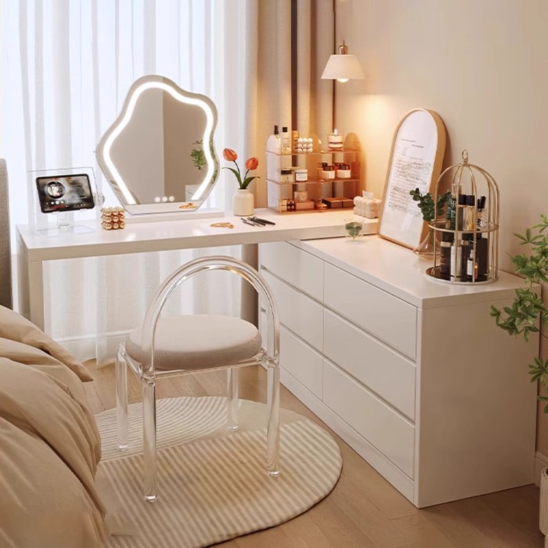 梳妆台斗柜一体奶油风化妆桌卧室简约现代化妆台收纳柜床尾柜