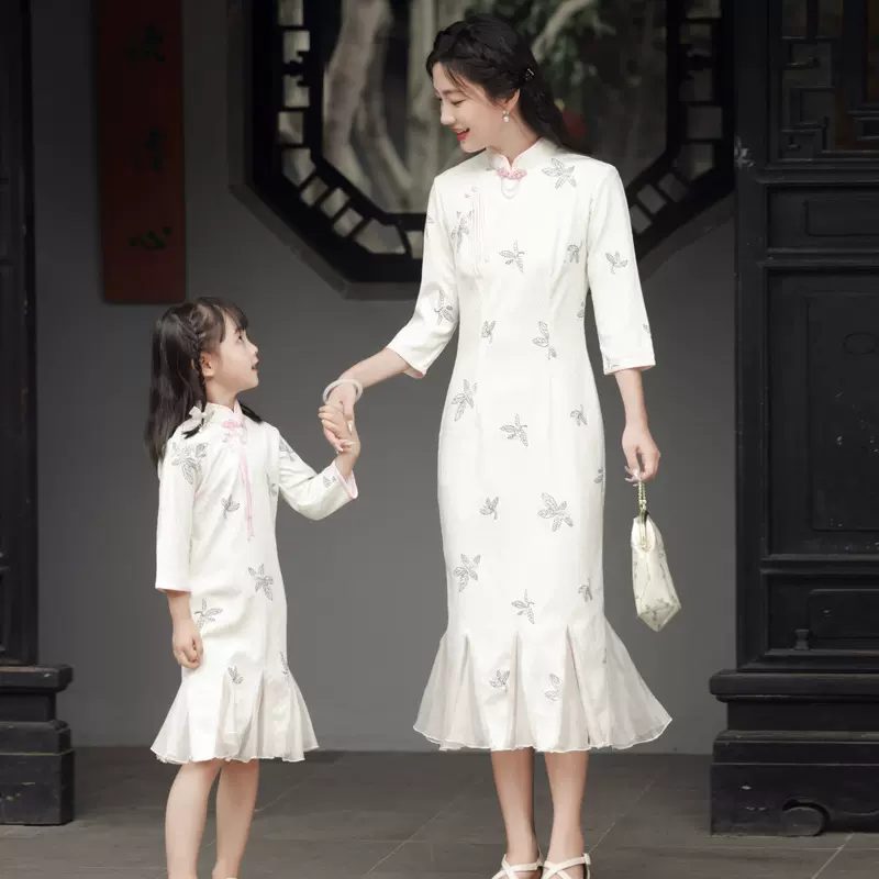 2023新款秋季鱼尾女童改良旗袍蕾丝中国风母女装演出服文艺日常
