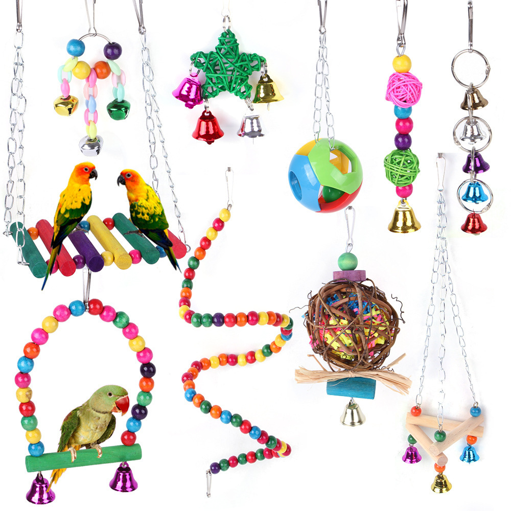 Summary of Bird Toys, Parrot Ladder, Hanging Cage, Swing, Chewing Toy, Takraw Ball, Bell String, Parrot Mirror, Bird Stand