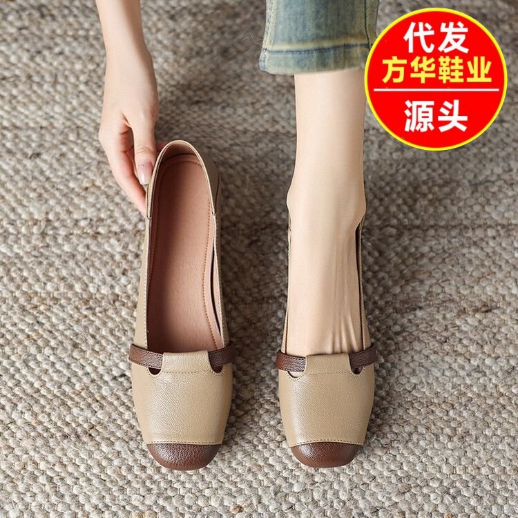 Zapatos de cuero suave de alta calidad, zapatos de cuero superficial para mujeres de escuela secundaria, primavera y otoño de 2026, nuevos zapatos de cuero cuadrados con suela suave, retro