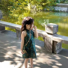 Chinese-style New Chinese Cheongsam Dress for Girls 2024 Summer Ethnic Dress with Peacock Feather Embroidery and Beads Modified Formal Gown
