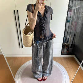 灰蓝格纹轻薄防晒荷叶边短袖衬衫女2025夏季款百搭开衫跨境亚马逊