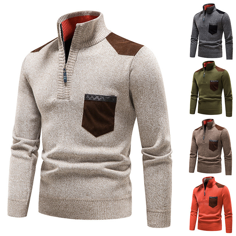 Autumn and Winter fleece-lined thickened pullover men's semi-high collar sweater men's knitted sweater solid color stitching pullover