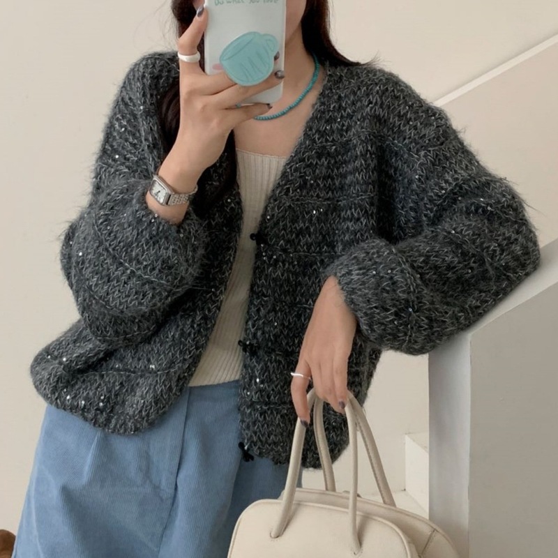 慵懒风V领针织开衫外套女2025秋季新款韩系休闲宽松时尚软糯毛衣|undefined