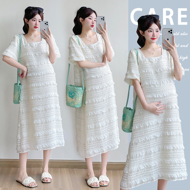 2026 Summer Maternity Wear Design with Ruffled Edges and Puff Sleeves, New Simple and Fashionable Maternity Long Dress