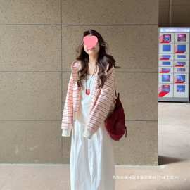 跨境秋季粉白条纹开衫帽衫韩系慵懒感国潮宽松百搭外套卫衣图片色