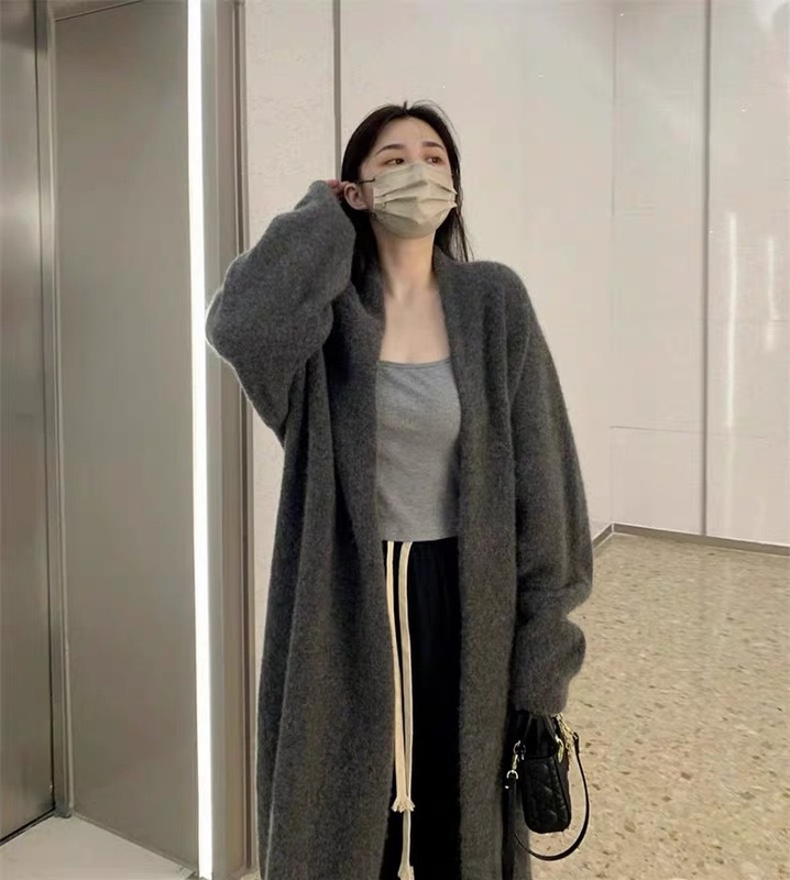 灰色中长款过膝毛衣外套女春秋冬季慵懒风百搭针织衫开衫大衣|undefined