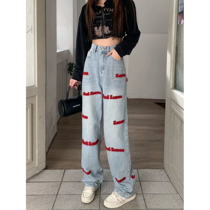 Реже цена!!! Джинсы красная английская вышивка вышивка повседневная прямая талия тонкая брюки ins