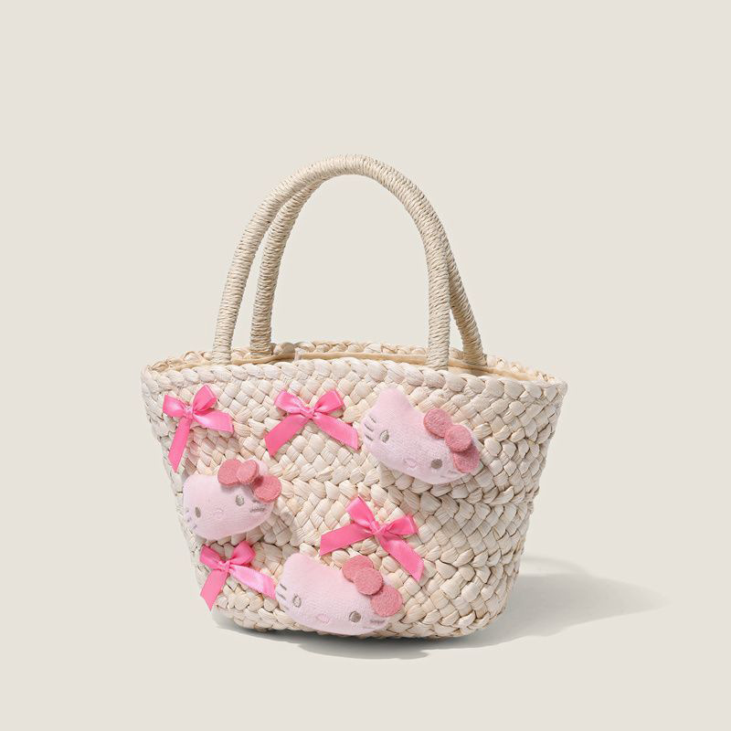 Summer Cat Handbag Cute Black Leather Kt Cat Food Basket Woven Bag Straw Woven Bag Instagram Style Girl Beach Bag