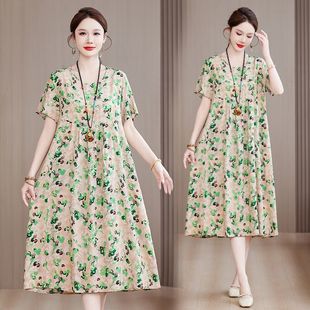 Summer Mom's New Cotton Silk Dress Loose Large Size Middle-Aged and Elderly Slim Mid-Length Floral Short-Sleeved Skirt