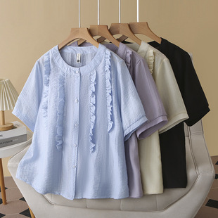 2025 Summer Plus Size Shirt Short Sleeve Ruffled Women's Thin Cardigan Round Neck Temperament Versatile Fat Girl Shirt 010