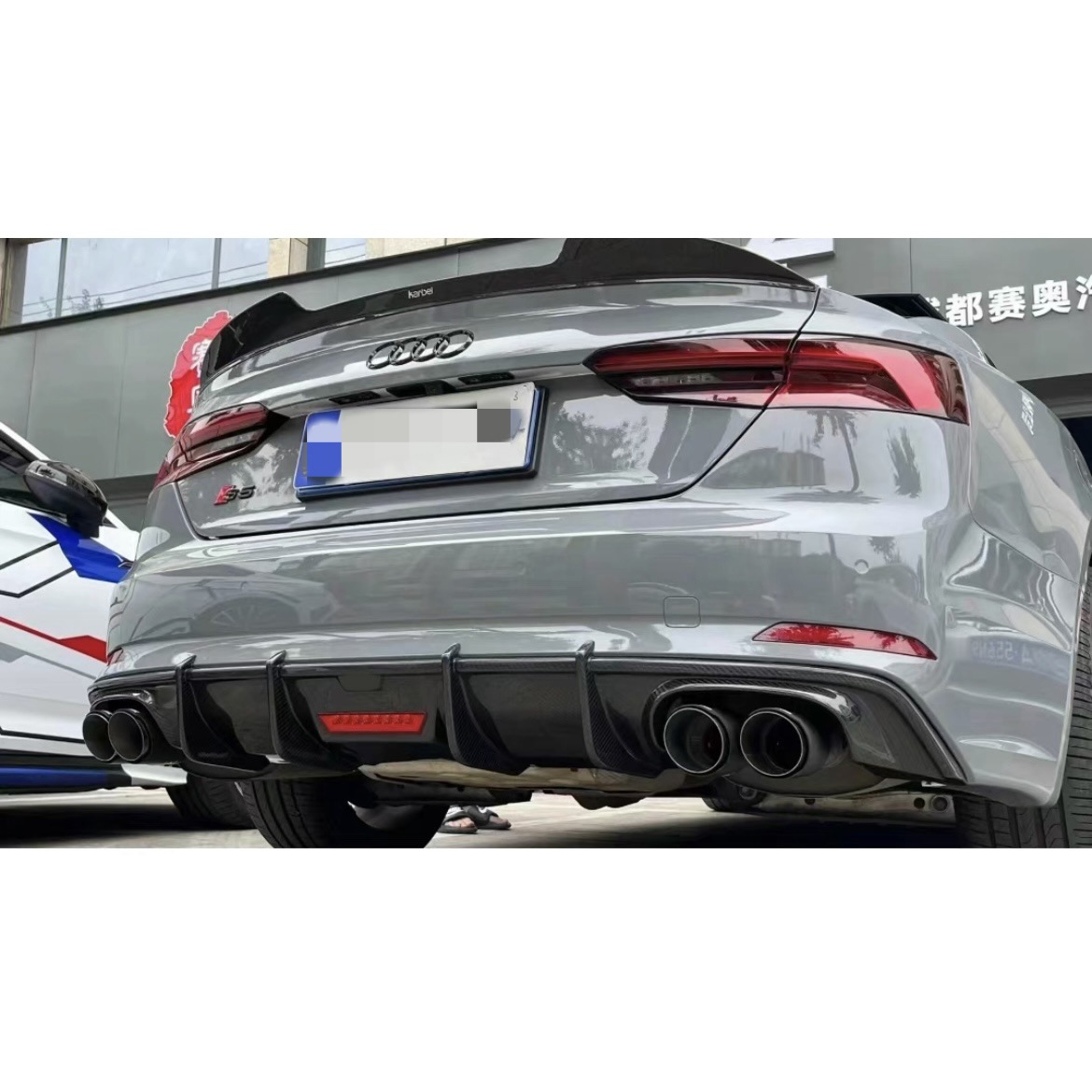 Suitable for 17-20 Models of Audi A5.S5, Rear Lip with Lights, Horizontal Light Bar, Rear Diffuser, Rear Surround with Four Exhaust Tips