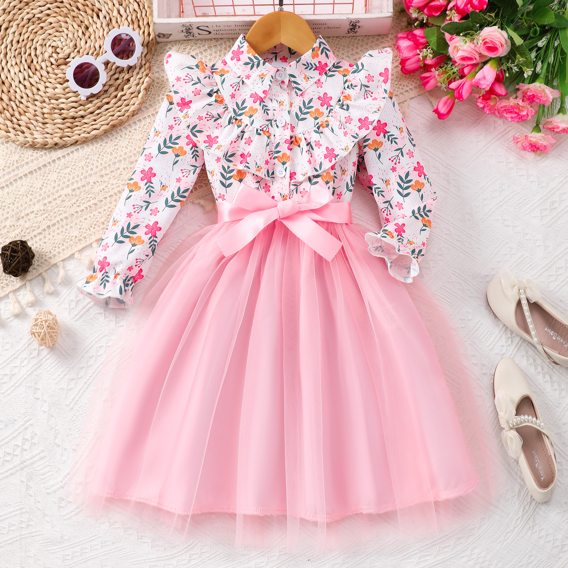 New Style Long-Sleeved Lapel Floral Print Mesh Dress for Girls and Older Children with Woven Belt