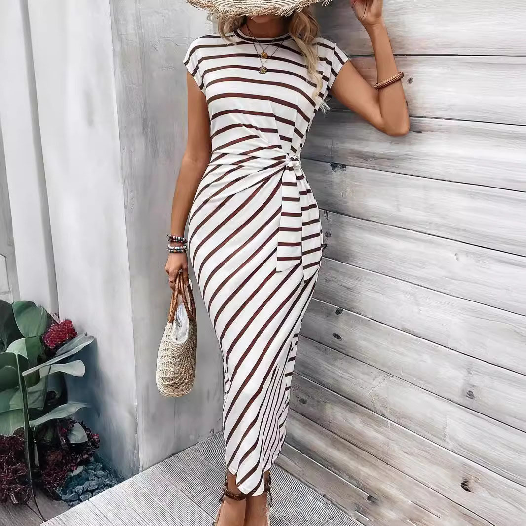 Women's Long Dress With Waist Tie Round Neck Short Sleeved High End Sophisticated Summer Dress_ecoleips.com