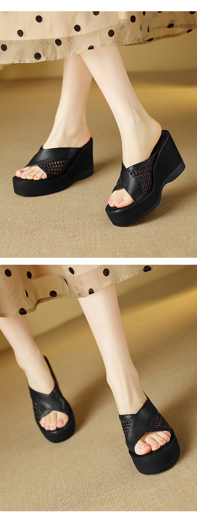 Sandal cao gót nữ mũi cá dày đế xuồng, chất liệu da bò đầu, thiết kế đan rỗng quai ngang — đen chi tiết 4