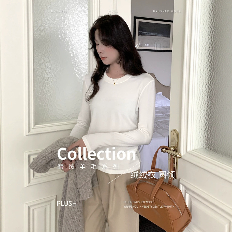 Round Neck Tencel Acetate Wool Base Shirt for Women 2026 Autumn and Winter New Style Round Neck Top Simple Solid Color Warm Long Sleeve