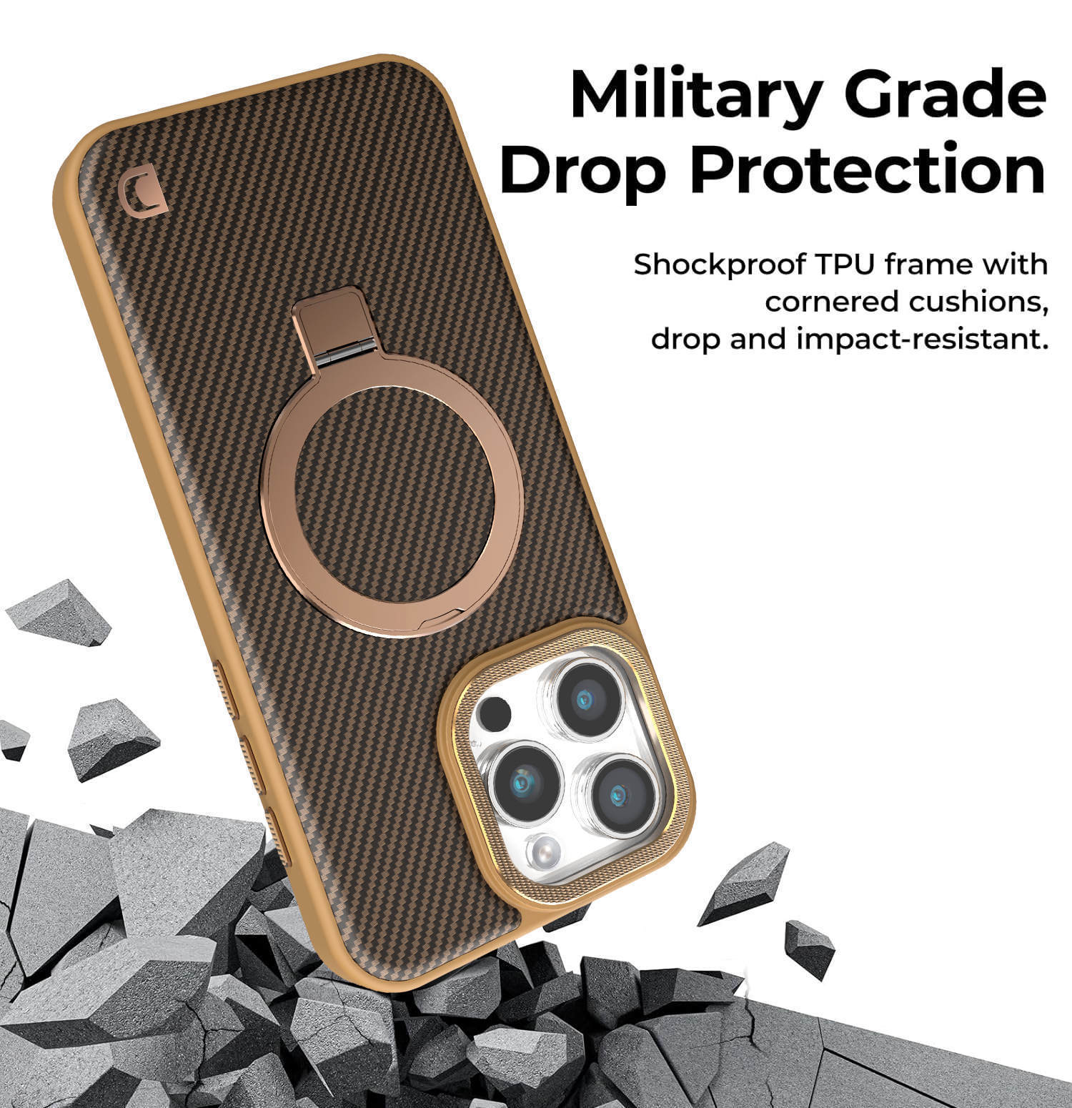Ốp lưng iPhone 16 Pro Max từ tính vân sợi carbon, da mờ chống sốc — Màu đen, Vàng sa mạc, Màu xám chi tiết 7
