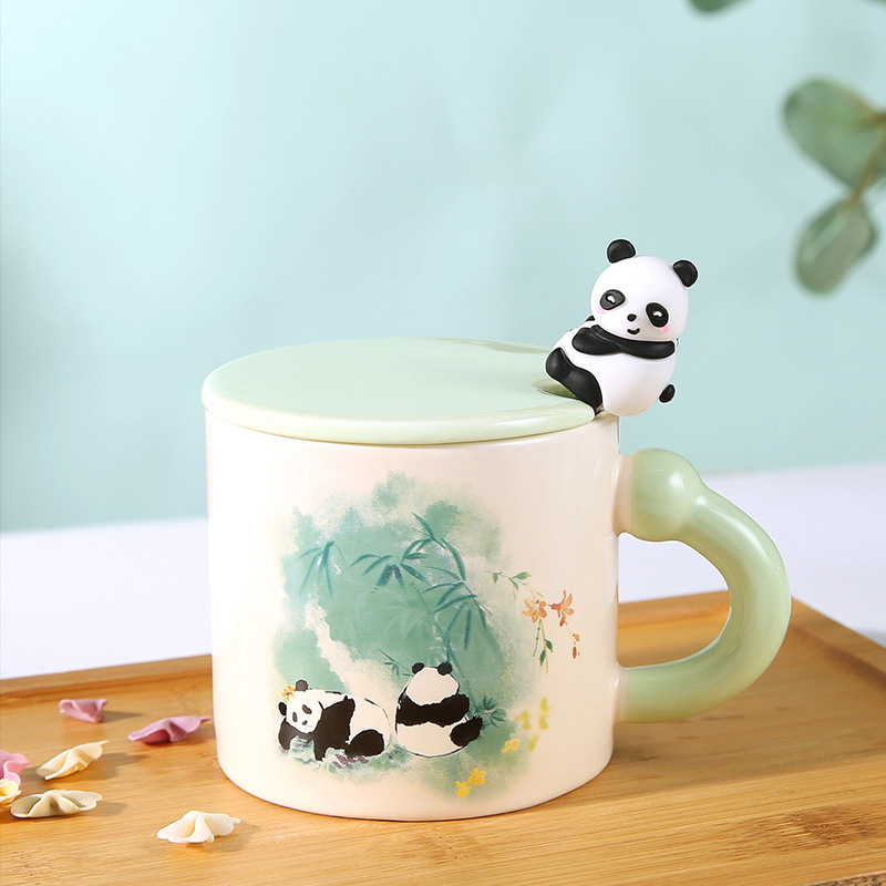 かわいい家庭用アニメパンダの蓋付きオフィス陶磁器カップ高颜値カップお土産マグカップ|undefined