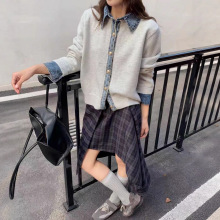 日韩拼接牛仔设计感针织开衫2025秋冬新款宽松休闲毛衣外套女装