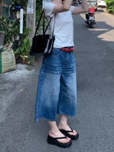 美式高街复古阔腿七分牛仔裤女夏季新款高腰显瘦宽松直筒中裤中东