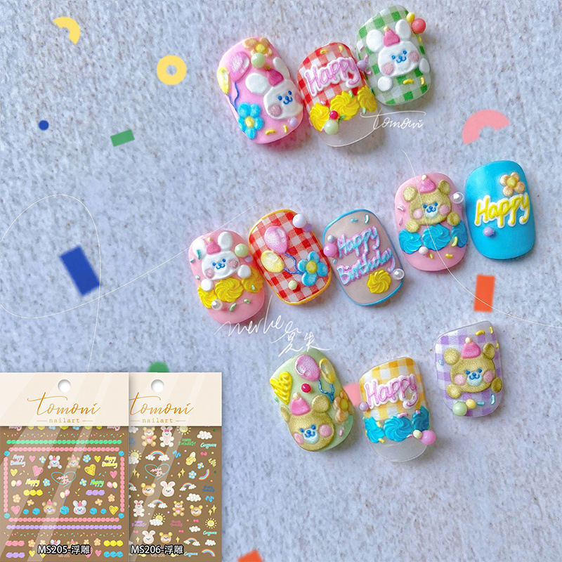 Tomoni online celebridad uñas pegatinas alivio tridimensional dibujos animados oso cumpleaños avanzada fototerapia pegatinas MS nombre conjunto amor
