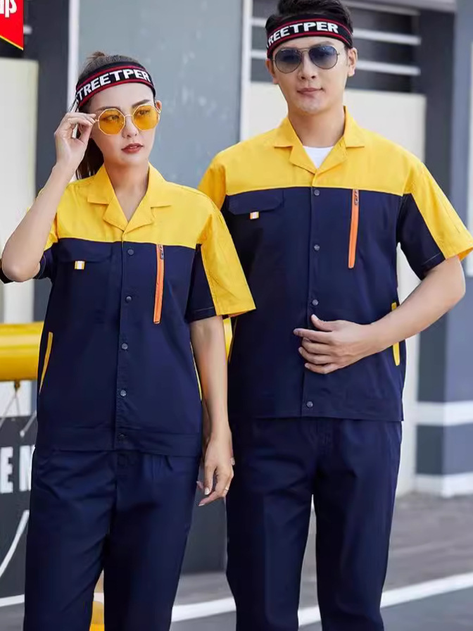 Trajes de trabajo de mangas cortas de verano para hombres delgados decoración de ropa de seguridad laboral resistente al desgaste ropa de fábrica de reparación automotriz personalizada