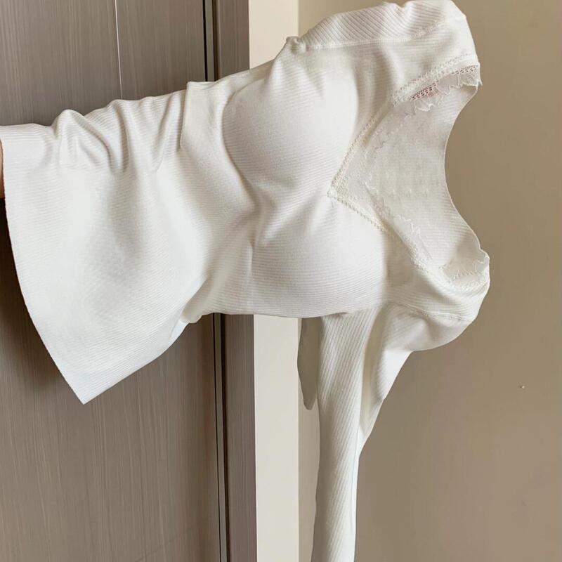 Warm Inner Top Women's Chest Pad Autumn and Winter New fleece-lined Thickened Long Sleeve Lace Cashmere Base V-Neck Shirt